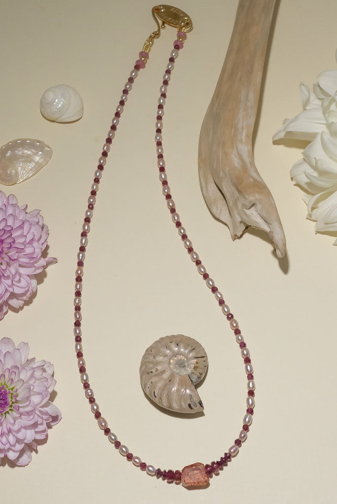 Soft rosewood hued garnets and the palest of pink pearls. Fall in love with our delicate Necklace Rosewood Romance.