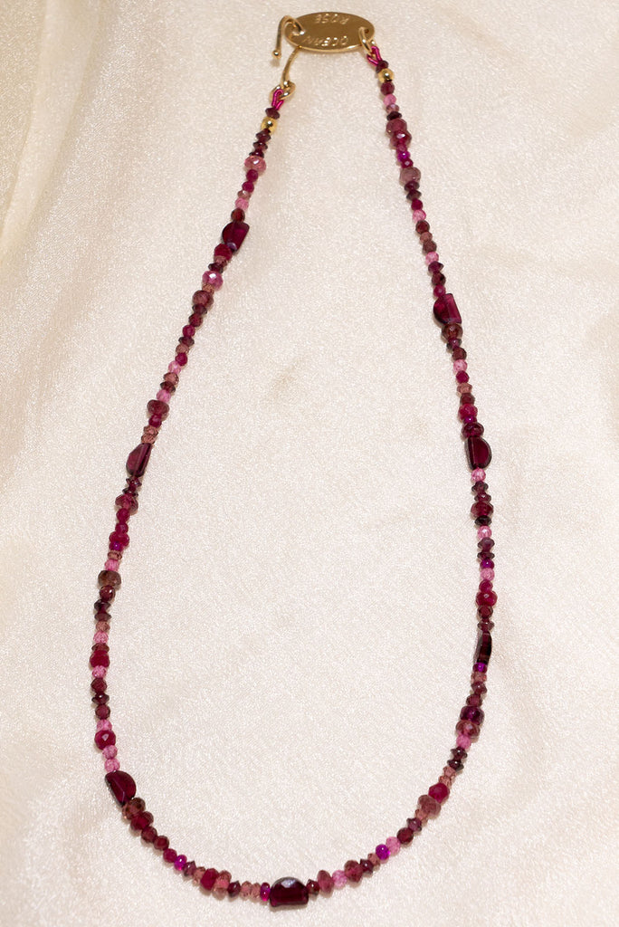 Choker style Cerise Half Moon Necklace with beaded Garnet and treated Ruby, adorned with gold vermeil findings for a timeless romantic touch.