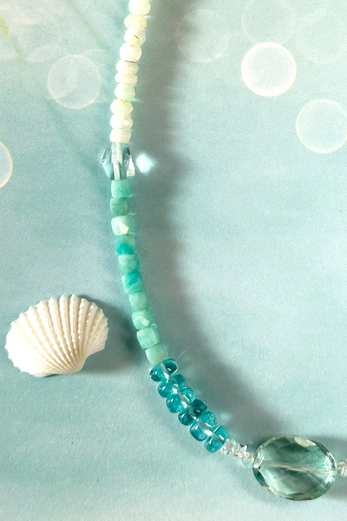 A chic and cool gemstone necklace made with assorted gemstone beads all in the colours of the sea and the waves as they turn at the sand. 