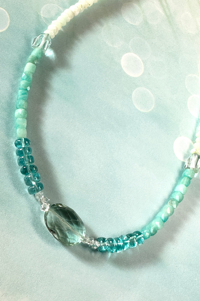 A chic and cool gemstone necklace made with assorted gemstone beads all in the colours of the sea and the waves as they turn at the sand. 