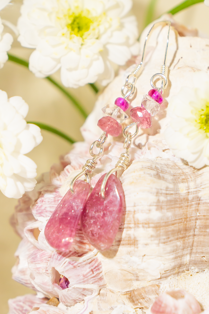 Timeless Tourmaline Pink Dainty Rose Earrings with treated ruby, Herkimer diamond, rhodolite garnet, and pink tourmaline. Handcrafted in Brisbane, by Ocean Rose Jewels, and adorned with sterling silver findings.