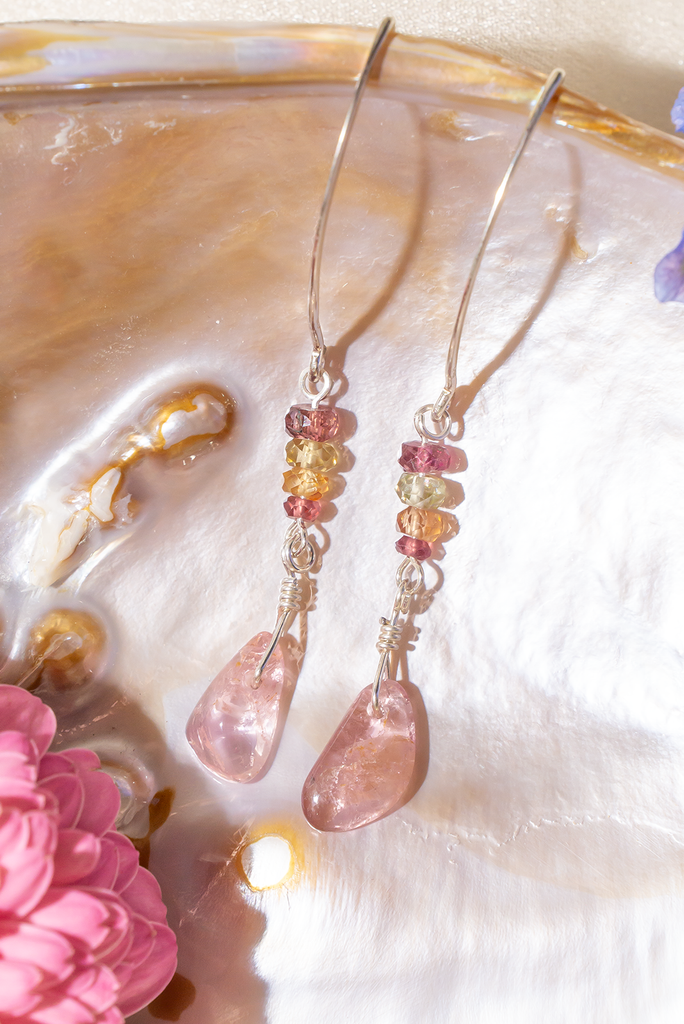 Sophisticated Tourmaline Softest Pink Earrings with rhodolite garnet, sapphires, and pale pink tourmaline. Handmade in Brisbane, by Ocean Rose Jewels, featuring sterling silver findings.