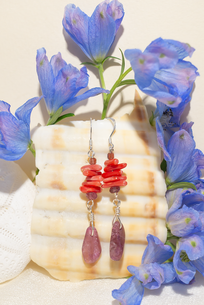 Vibrant Tourmaline Pink Seas Earrings featuring garnet, color-treated branch-colored rhodolite garnet, and pink tourmaline. Handmade in Brisbane, by Ocean Rose Jewels, with sterling silver findings.