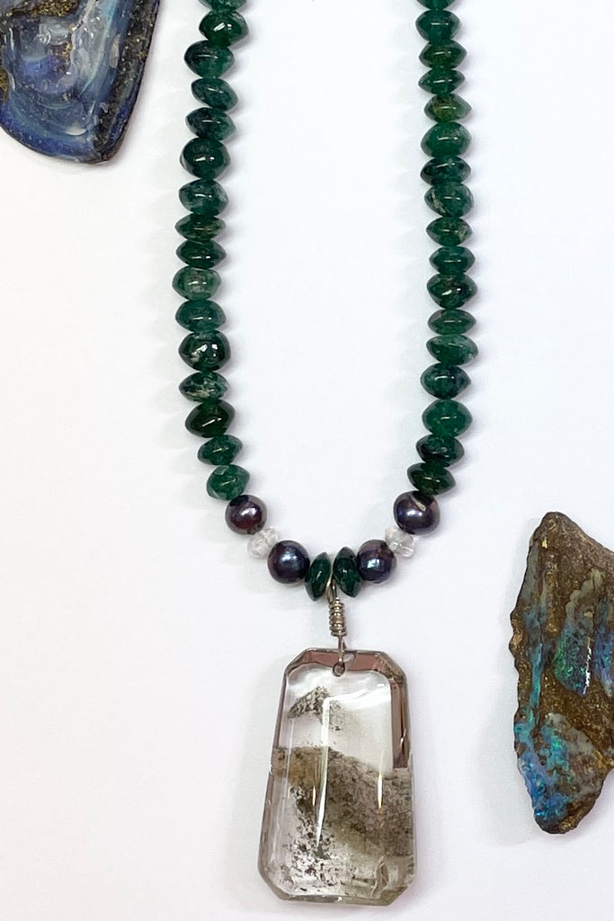 Lodalite Crystal pendant, handmade in our Noosa Studio using green quartz, Labradorite and Pearls
