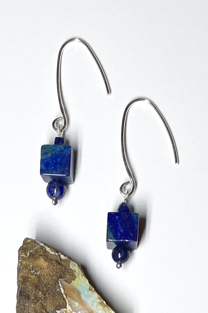 A perfectly chic earring style with a boho vibe, deep blue Lapis Lazuli cube with a little faceted Lapis bead on each side