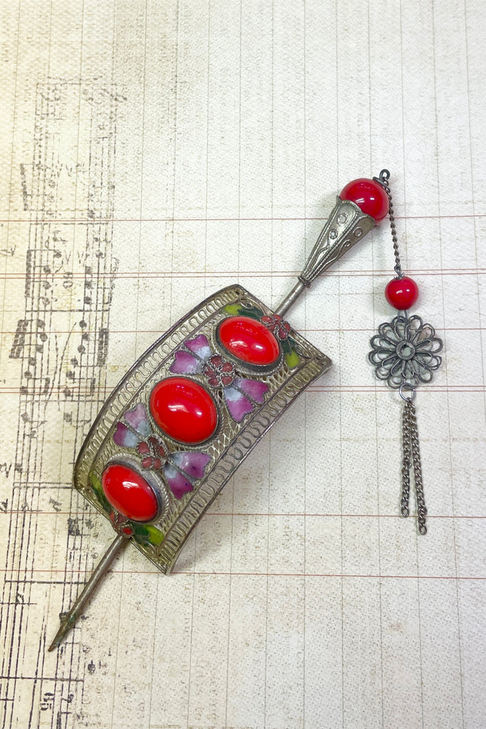  vintage hair ornament embellished with bright red glass stones and  pink enameled flowers and leaves