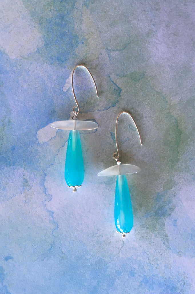 Women's jewellery. Blue moonstone crystal drop earrings, drop style  bohemian and gypsy inspired sea blue stones in a teardrop shape. 925 silver hook. Great for everyday, night out, event, occasion. Beautiful gift and accessory. Lightweight. Designed in Brisbane Australia.