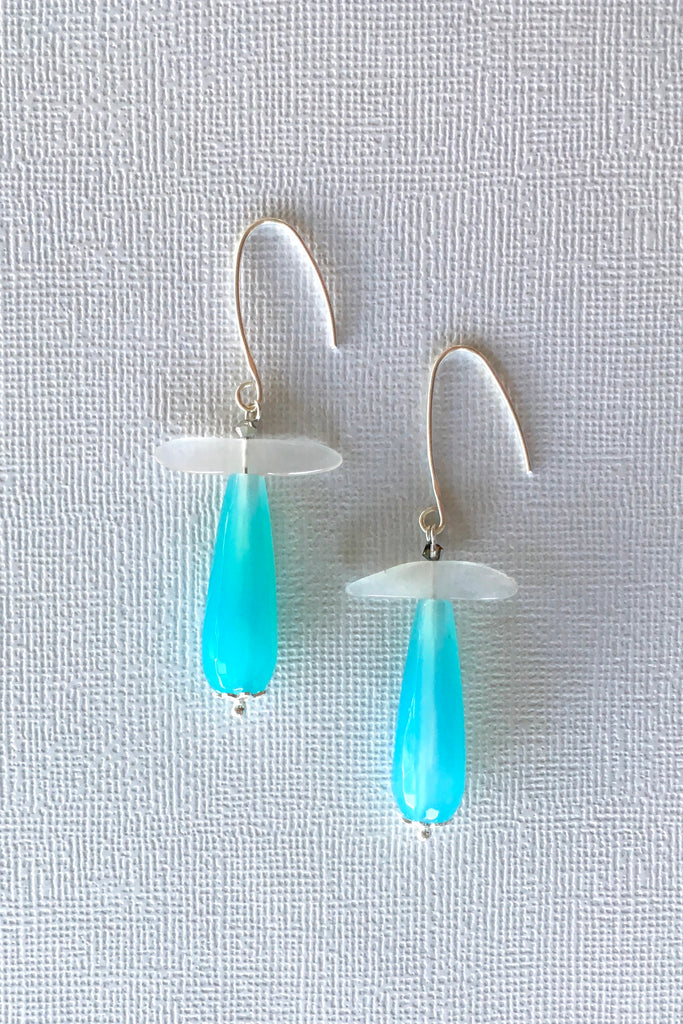 Women's jewellery. Blue moonstone crystal drop earrings, drop style  bohemian and gypsy inspired sea blue stones in a teardrop shape. 925 silver hook. Great for everyday, night out, event, occasion. Beautiful gift and accessory. Lightweight. Designed in Brisbane Australia.