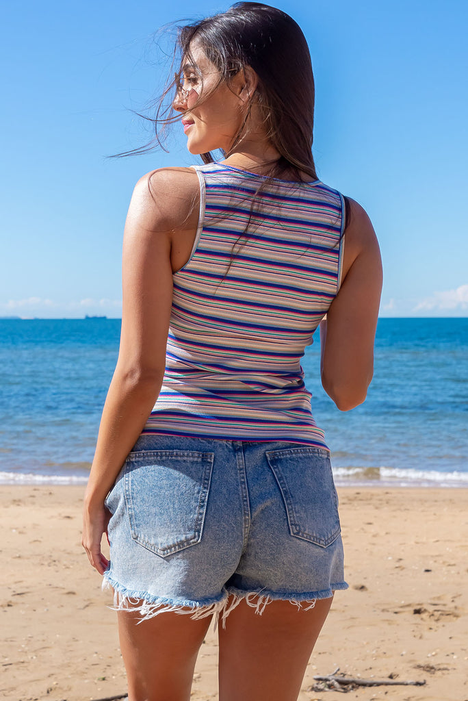 Revive your wardrobe this season with the gorgeous Duo Blue Stripe Tank Top. Featuring a never-out-of-style striped design with hints of blue, green and pink, your options are endless when it comes to mixing and matching this cute retro piece in any outfit!