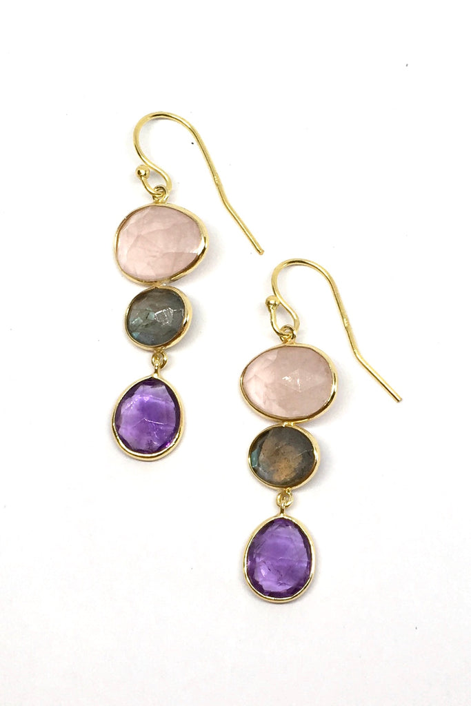 Oracle Earrings Golden Pink Moons sport the best of rose quartz, amethyst and other pink stones