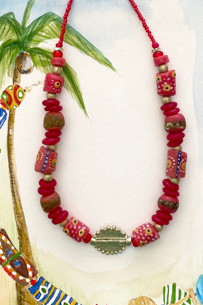 This necklace is from our exclusive range of jewellery highlighting the beautiful African recycled powder glass beads made by the people of Krobo Mountain in Ghana