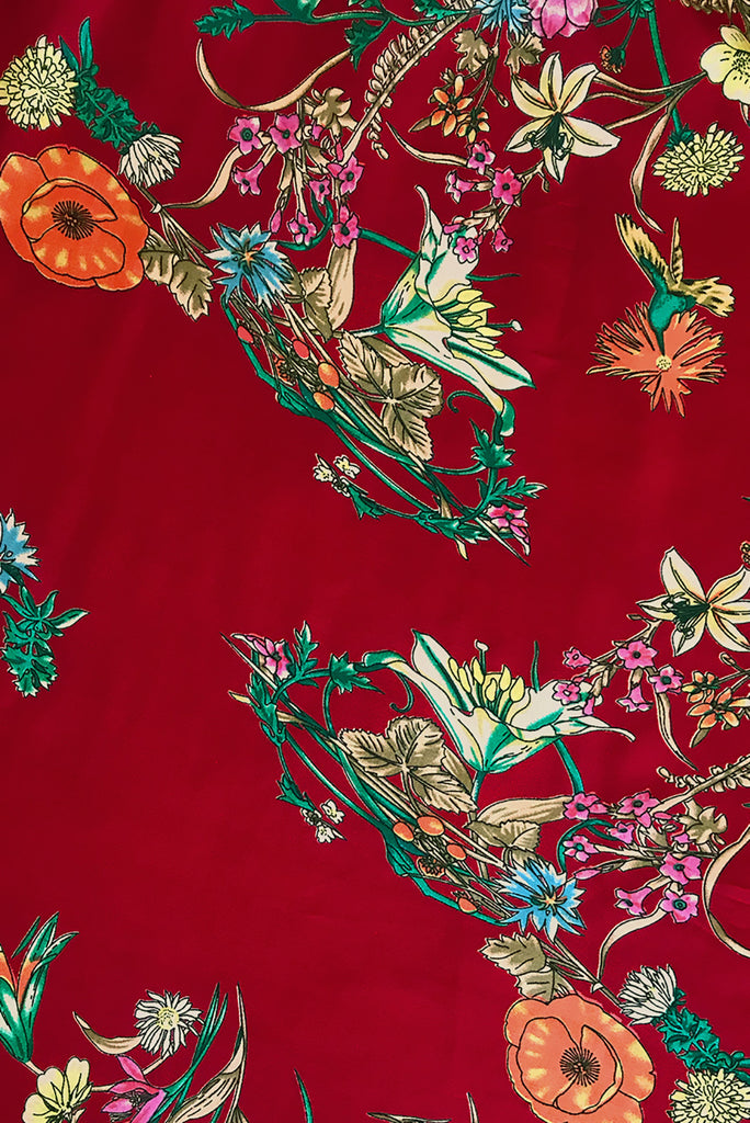 Fabric Swatch of Lizzie Red Bouquet Midi dress featuring woven 100% rayon in  a soft woven rayon in a bright red bouquet floral print.
