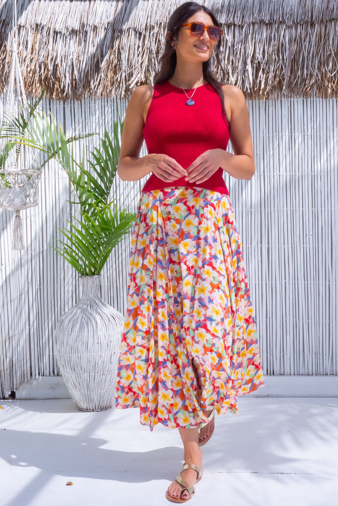 The Atlantis Be Happy Maxi Skirt is a gorgeous multicolour skirt with a watercolour floral print. The maxi skirt features a double yoke waistband, elasticated back of waist and is made from 100% rayon.