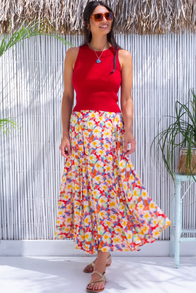 The Atlantis Be Happy Maxi Skirt is a gorgeous multicolour skirt with a watercolour floral print. The maxi skirt features a double yoke waistband, elasticated back of waist and is made from 100% rayon.