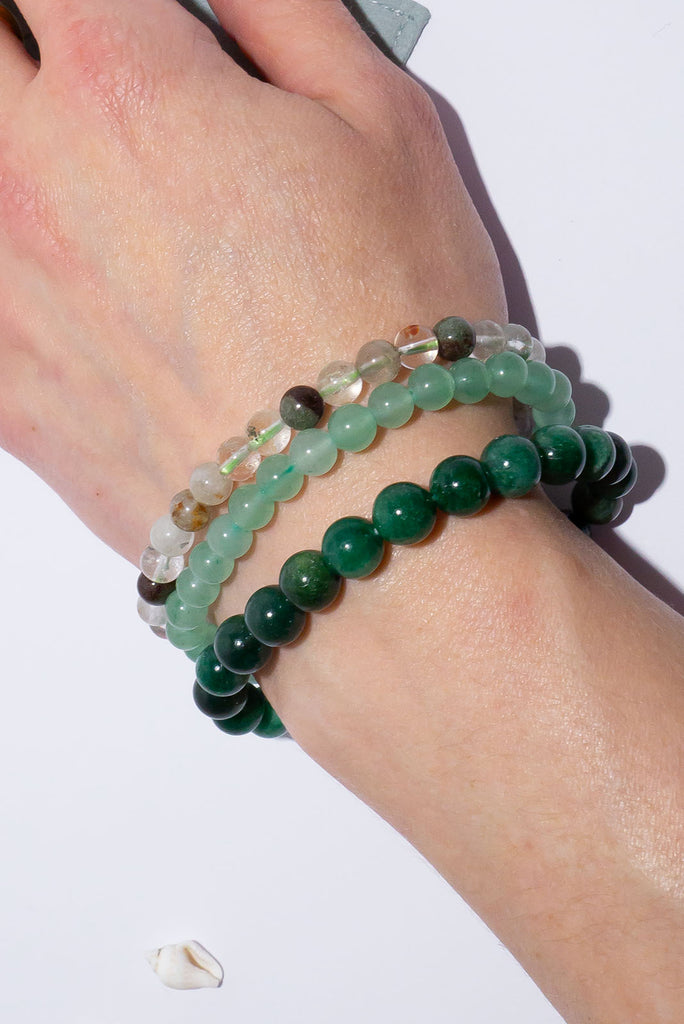 A beautiful trio of stretch bracelets inspired by lush green forest ferns.