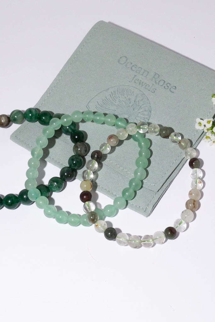 A beautiful trio of stretch bracelets inspired by lush green forest ferns.