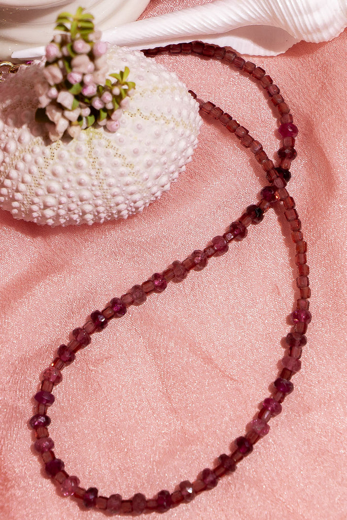 Choker style Cerise Drifts Necklace featuring beaded Garnet and Rhodolite Garnet with gold vermeil findings.