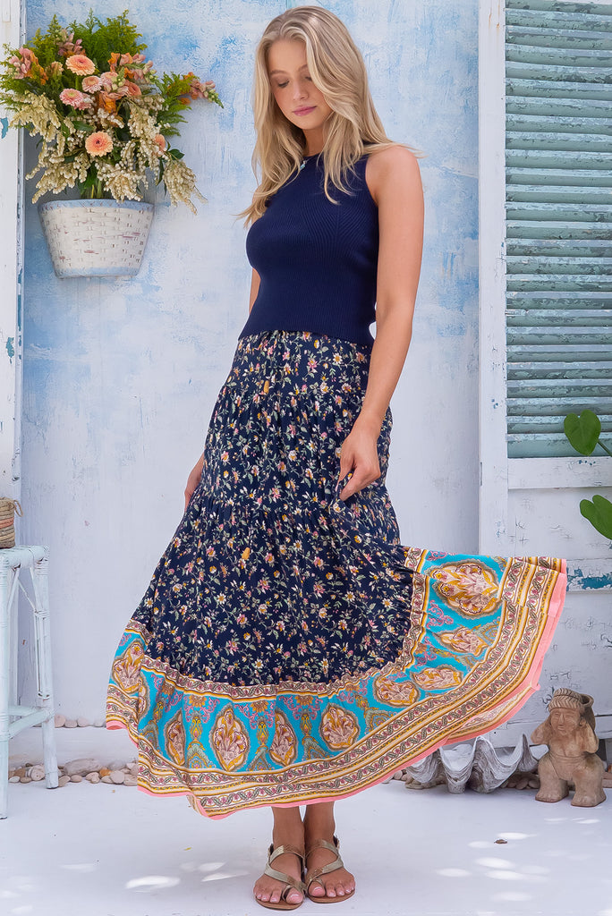 TIERED COTTON MAXI SKIRT - True Blue, Linear Bloom | Boden US