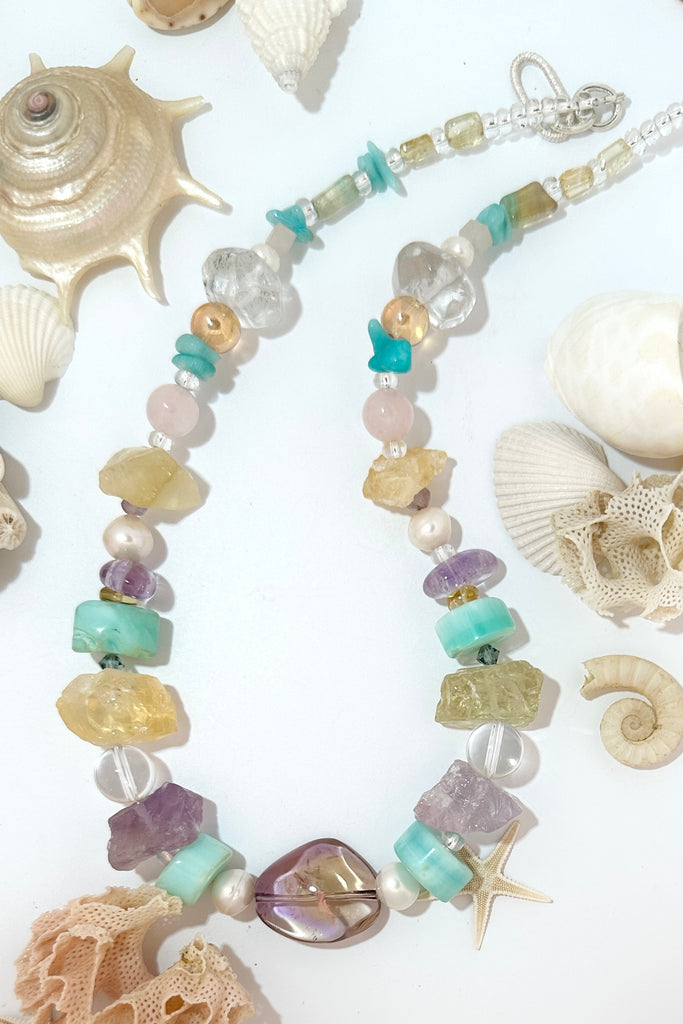 Necklace is 17 inches in length.  Stones are Citrine, Ametrine, Blue Peruvian Opal, Rock Crystal, Amethyst, Rose Quartz, and Amazonite