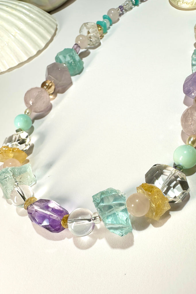 Necklace is 18-19 inches in length.  Stones are Citrine, Rock Crystal, Amethyst, Rose Quartz, Smoky Quartz and Amazonite