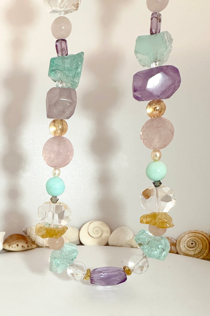 Necklace is 18-19 inches in length.  Stones are Citrine, Rock Crystal, Amethyst, Rose Quartz, Smoky Quartz and Amazonite