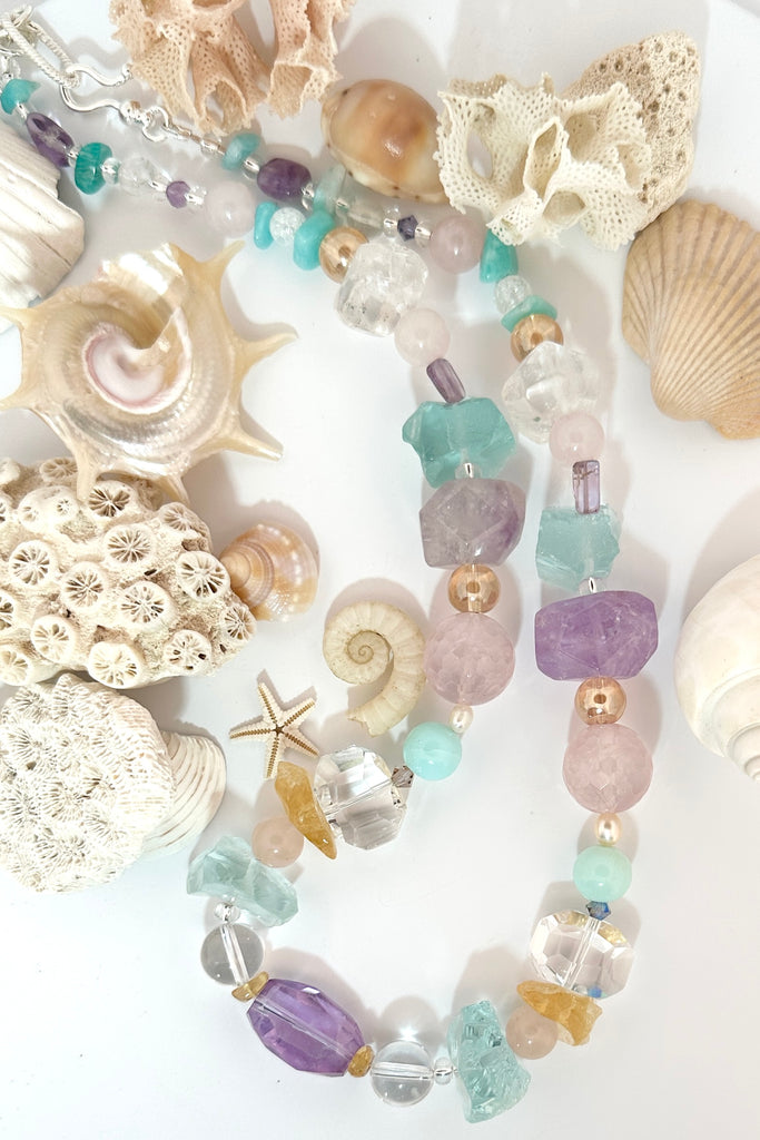 Necklace is 18-19 inches in length.  Stones are Citrine, Rock Crystal, Amethyst, Rose Quartz, Smoky Quartz and Amazonite
