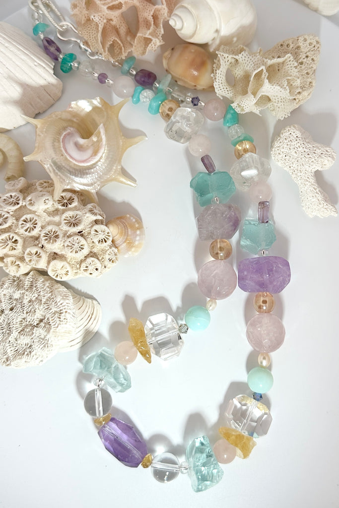 Necklace is 18-19 inches in length.  Stones are Citrine, Rock Crystal, Amethyst, Rose Quartz, Smoky Quartz and Amazonite