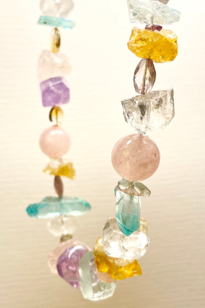 he Crystal Dream Necklace is designed and assembled using an assortment of new, old and repurposed material, each bead has a story to tell and together they are a powerful link to what was and what is to come. None of the stones are perfect, some are rough shards, some are village cut and some are highly polished. 