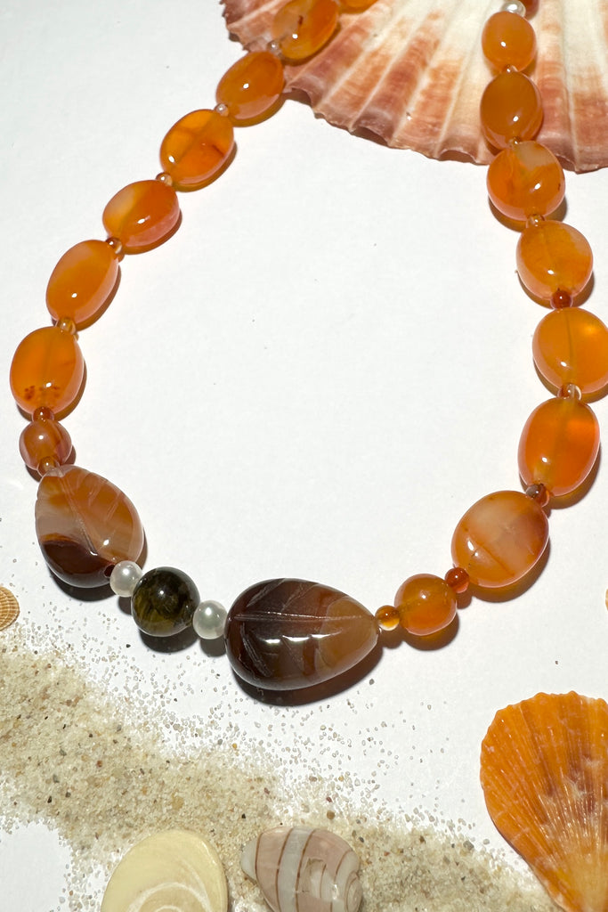 Beads include Carnelian, Tigers Eye, Agate and freshwater pearls.