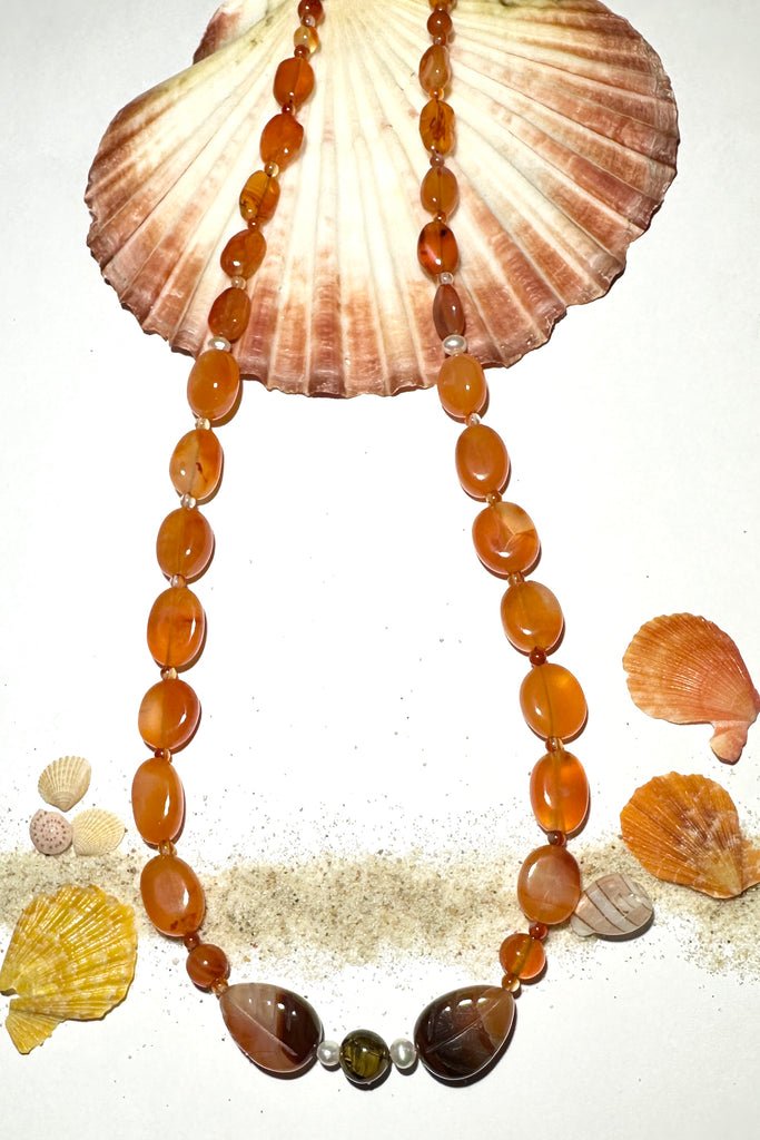 Beads include Carnelian, Tigers Eye, Agate and freshwater pearls.