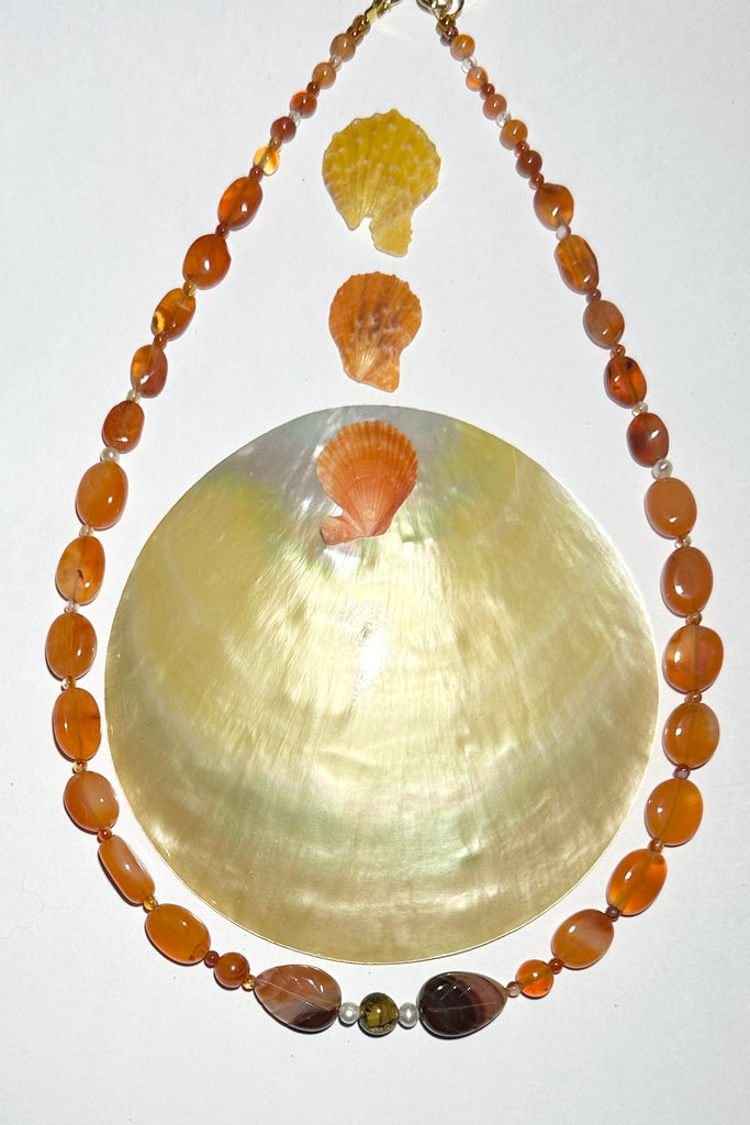 Beads include Carnelian, Tigers Eye, Agate and freshwater pearls.