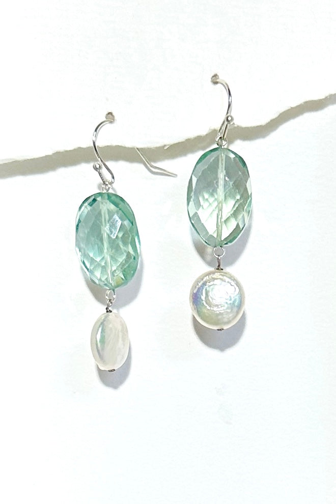 The Histoire earrings are designed using an assortment of new, old and repurposed stones, each stone has a story to tell and together they are a powerful link to what was, and to what is to come.&nbsp;

Green Fluorite faceted bead.
Freshwater coin pearl.
Drop style earrings statement earrings