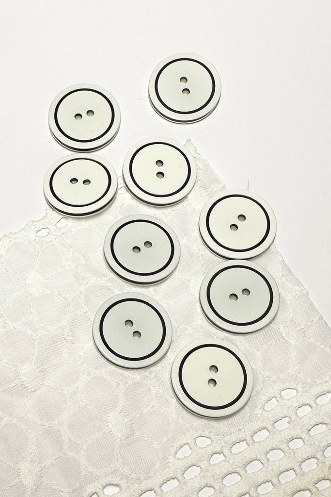 A nice clean look to these bright white buttons, the detailing is in a very dark navy. Great for any sewing or craft project.