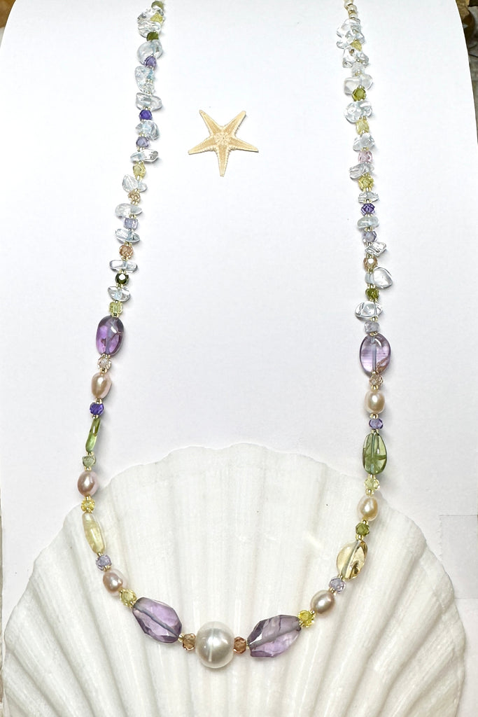 Gemstones are Amethyst, Citrine, Peridot, Pearls, Rock crystal and Mother of pearl shell.