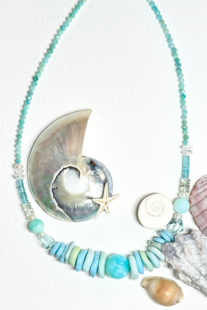 Stones are Blue Peruvian Opal Herkimer Diamonds, Aquamarine, Pearls.