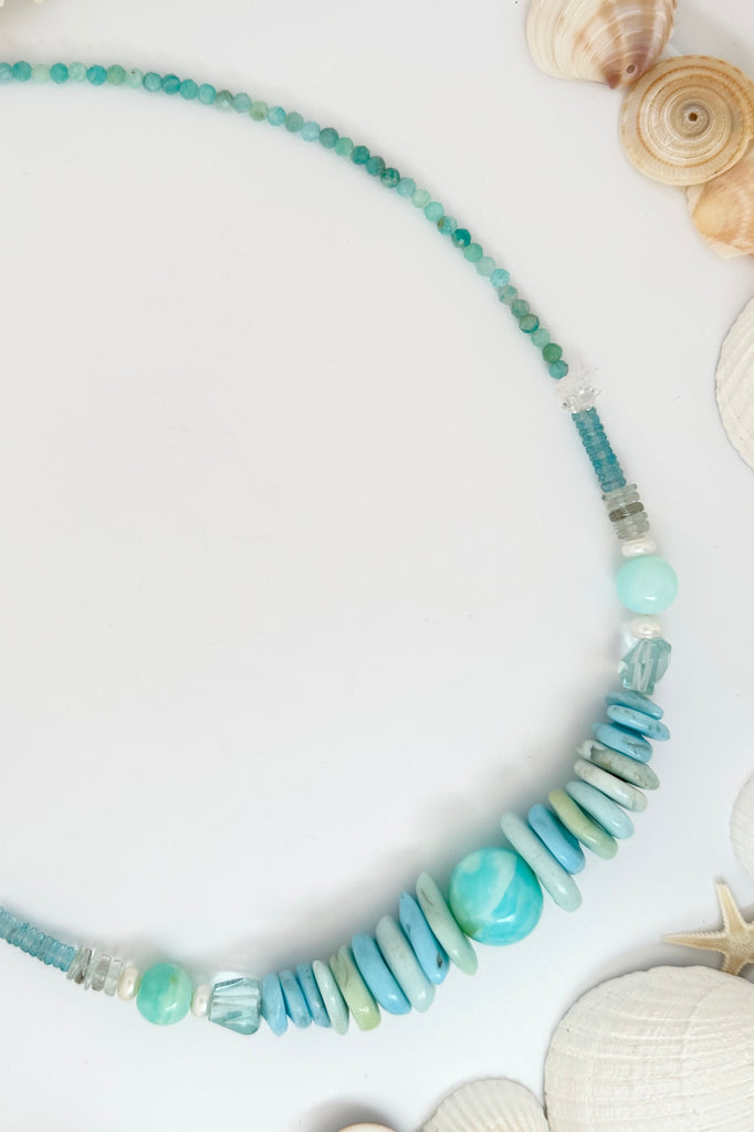 Stones are Blue Peruvian Opal Herkimer Diamonds, Aquamarine, Pearls.