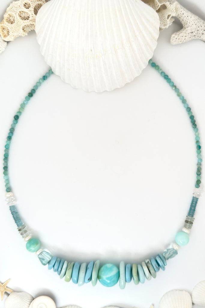Stones are Blue Peruvian Opal Herkimer Diamonds, Aquamarine, Pearls.