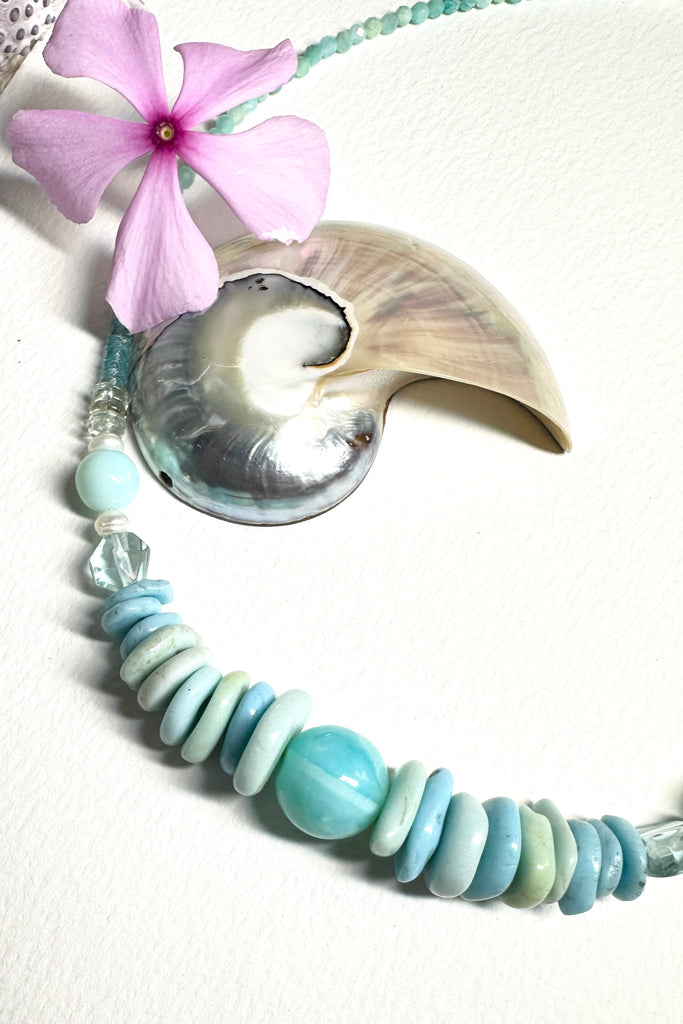 Stones are Blue Peruvian Opal Herkimer Diamonds, Aquamarine, Pearls.