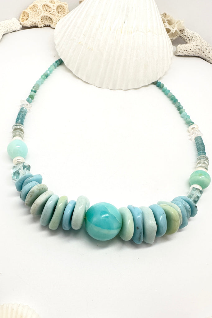 Stones are Blue Peruvian Opal Herkimer Diamonds, Aquamarine, Pearls.