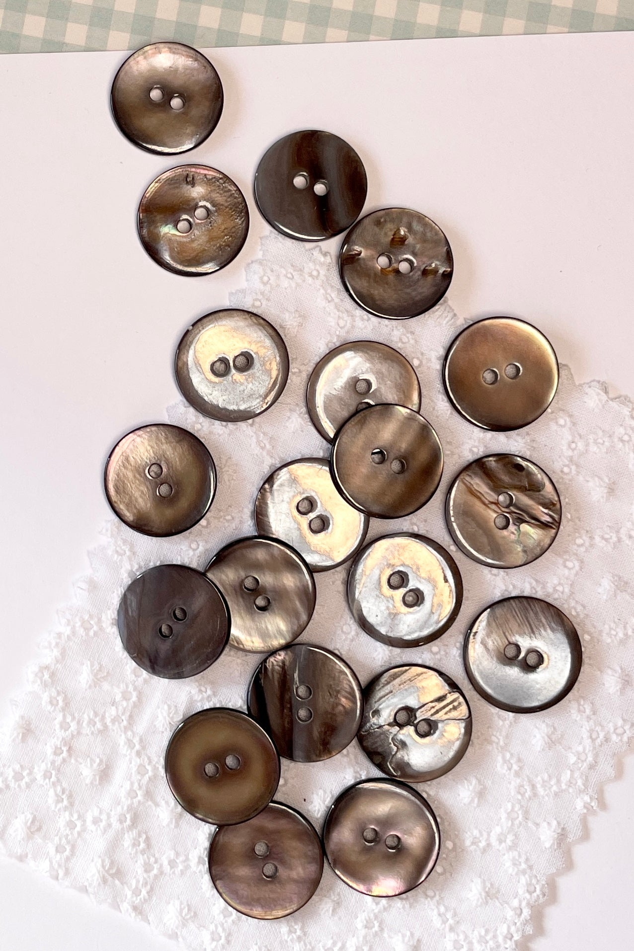 Shell Grey Button Silvery Grey Pearl Shell Buttons | Mombasa Rose Boutique | Retro Sewing