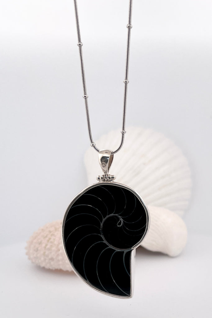 Necklace Nautilus shell. A divine swirl of iridescent silvery grey shell with 925 solid silver detailing,