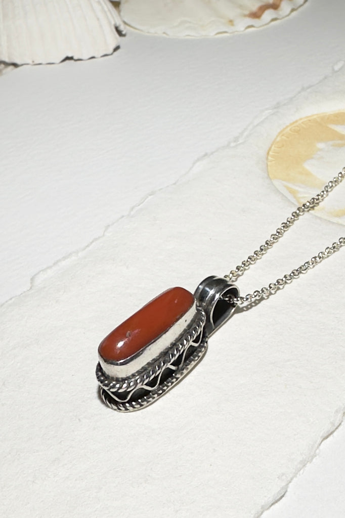 Red Coral Vintage Pendant&nbsp; Oval is an old piece that has a "village make" feel to it. Made in 925 silver 
