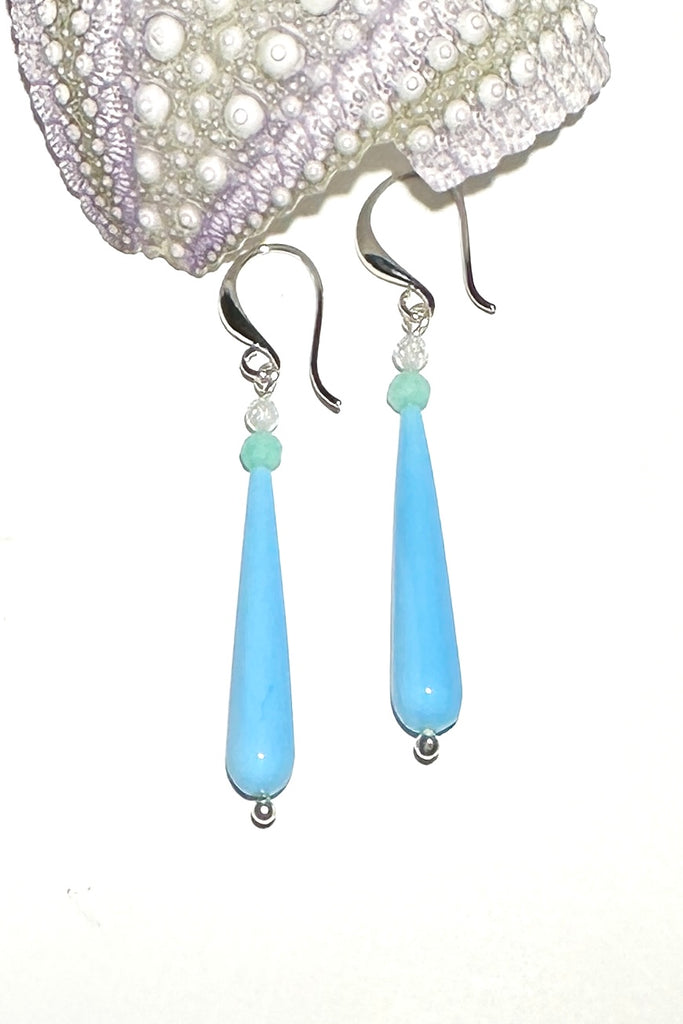 Gorgeous turquoise coloured drop earrings, a perfectly chic swing style to add a pop of colour this summer

Turquoise colour with a faceted Amazonite top stone and a sparkling faceted CZ.