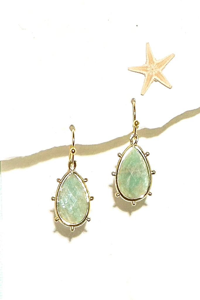 Drop style earrings.
Bezel set Amazonite semi precious stone, each earring will have slightly different markings.