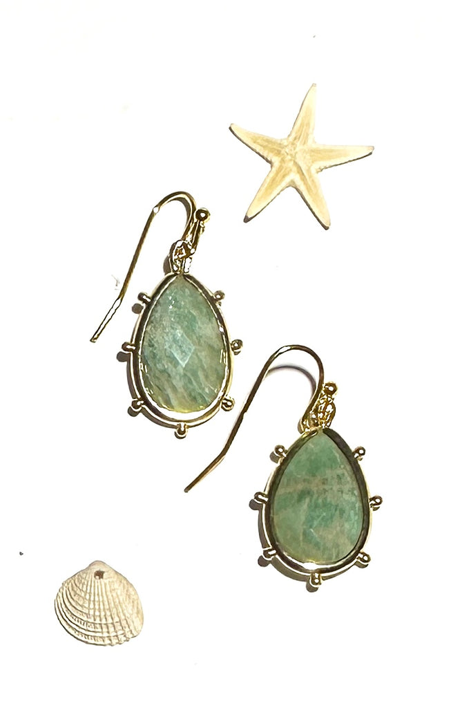 Drop style earrings.
Bezel set Amazonite semi precious stone, each earring will have slightly different markings.