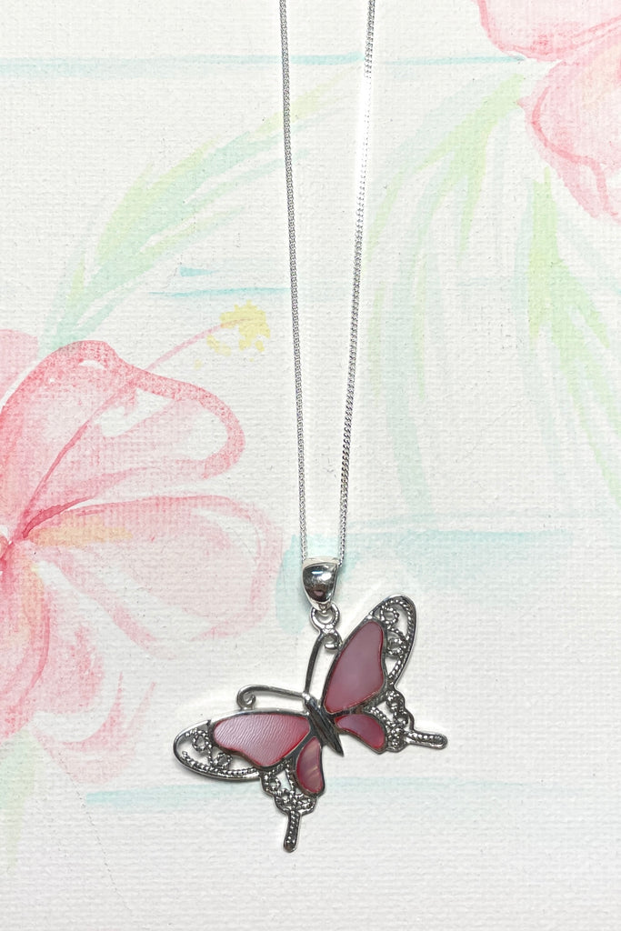 A charming butterfly necklace in shiny silver, with inlaid Mother of Pearl shell in palest pink..  