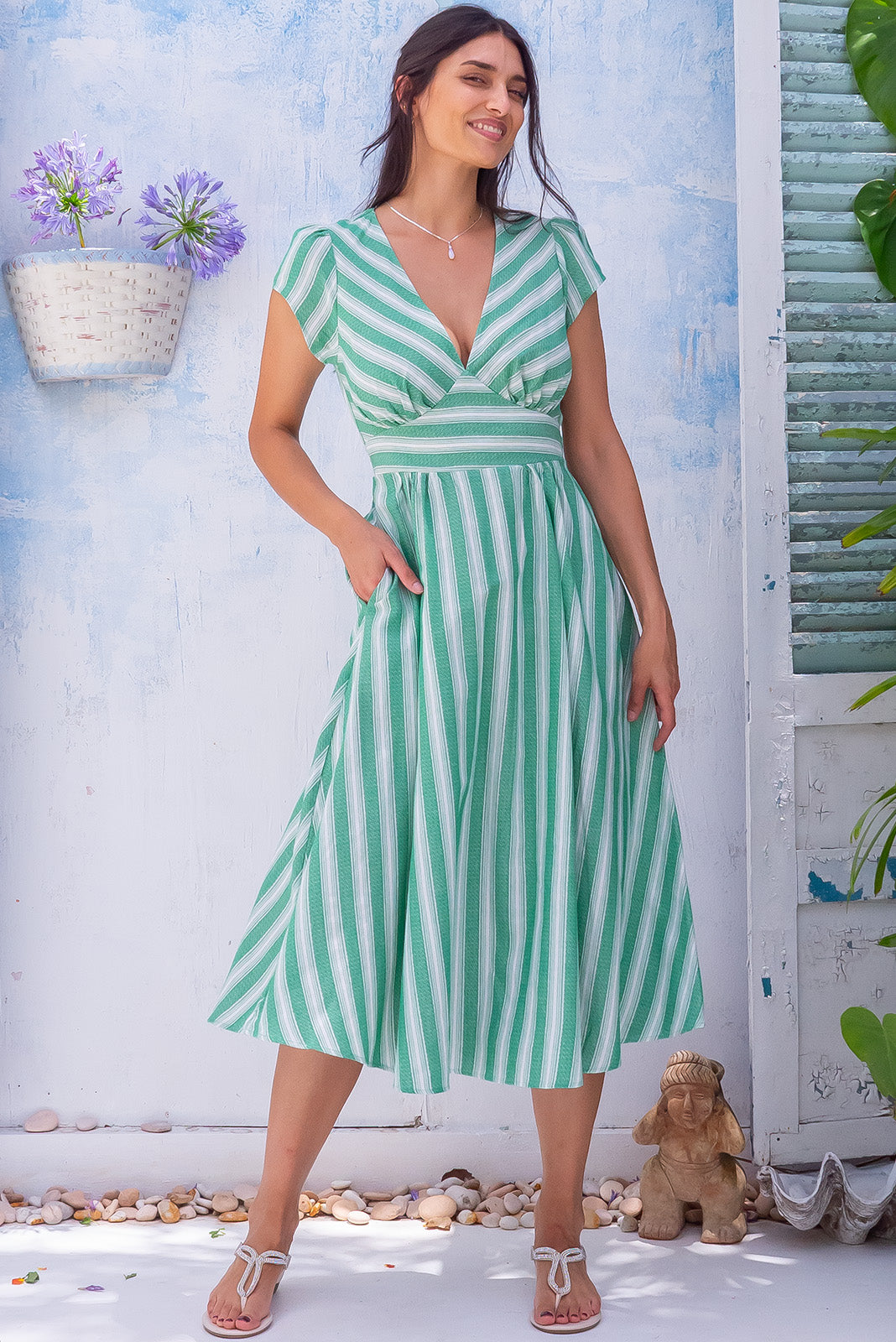 Green stripe cheap midi dress