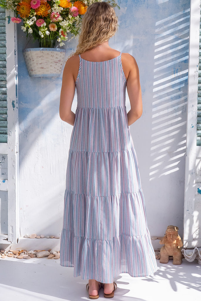 The Lulu Darling Inky Stripes Maxi Dress is a beautiful striped maxi dress in shades of blue, pink, white and silver lurex. The maxi dress features a high neck, high cut under the arms, full tiered skirt falling from under bust, side pockets, and is made from woven cotton. 