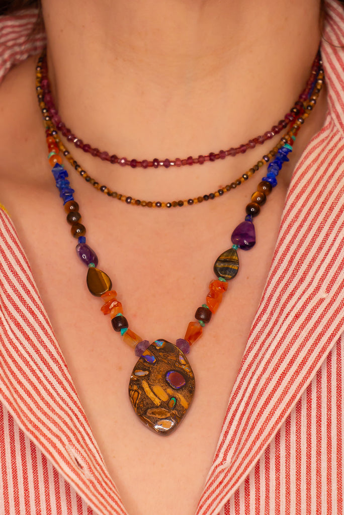 This necklace has been designed using so many different semi precious gemstones, it is absolutely divine and will become a conversation piece, it has the colours of the earth and the sea, the plants and the rocks.