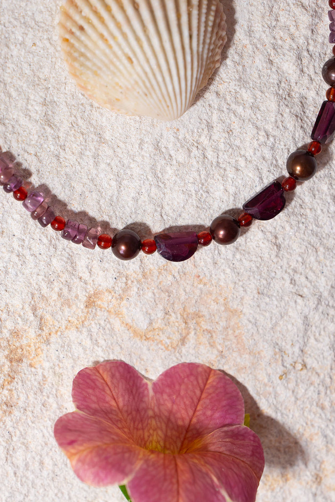 A beautiful concoction of raspberry, mulberry and strawberry hues this delicate gemstone necklace is simply delightful.